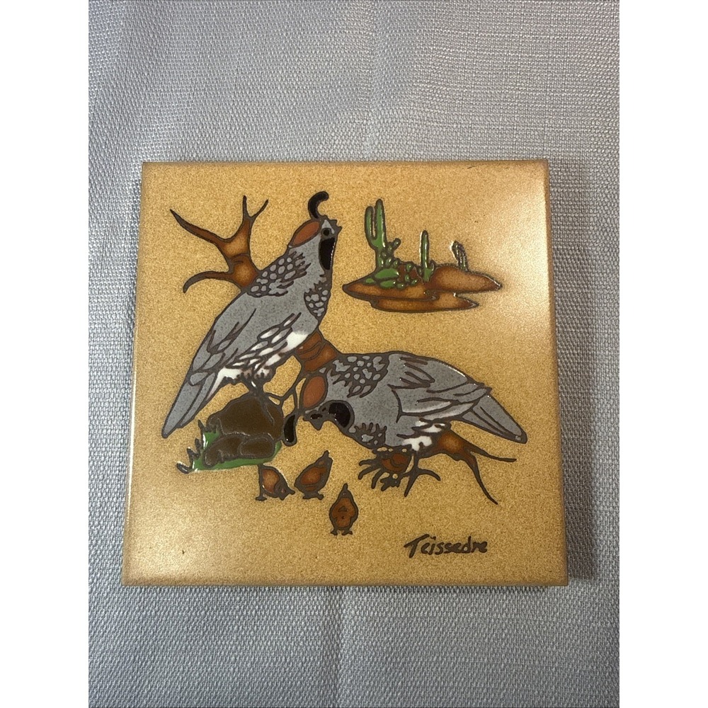 Vintage 1991 Cleo Teissedre Southwest Art‎ Tile Trivet 6" Desert Quails Family